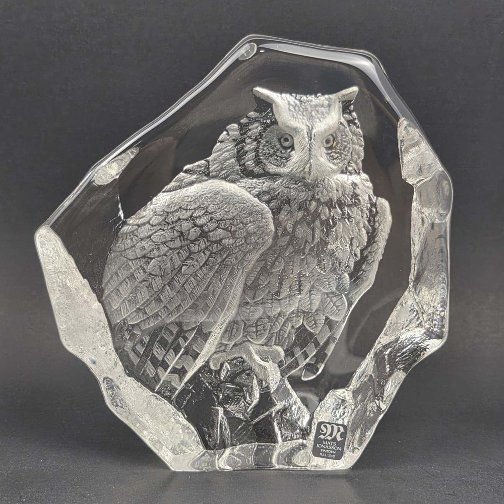 Mats Jonasson Sweden Full Lead Crystal Owl Paperweight Signed Art Glass 3540